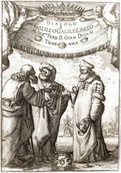 Aristoteles, Ptolemaeus en Nicolaus Copernicus (Nicolaus Copernicus, 1473-1543) (astronomen) in gesprek - in Dialogo sopra i due massimi sistemi del mondo van Galileo, Galilei linceo, al Ser. mo F